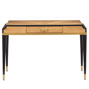 Kallista Modern Writing Desk with Taupe Finish, Polished Brass Accents & Stylish Distressed Design