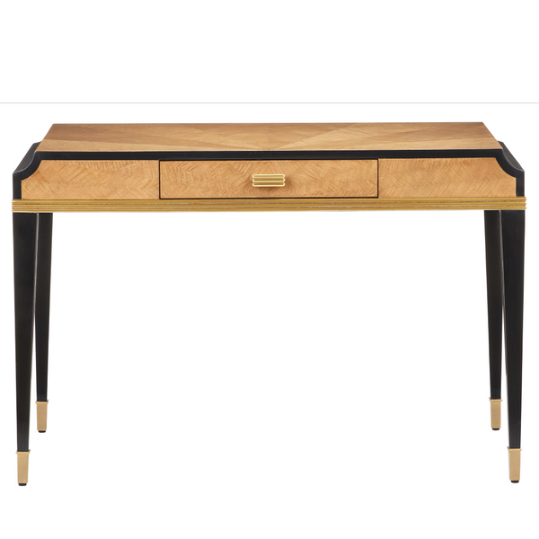 Kallista Modern Writing Desk with Taupe Finish, Polished Brass Accents & Stylish Distressed Design