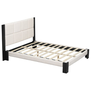 English Elm Christopher Knight Home® - Boucle Queen Upholstered Bed Frame with Square-Stitched Headboard, Beige Fabric & Black Legs - Cozy Platform Design N758Q545253A