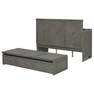 English Elm Queen Murphy Cabinet Bed Pine Wood Geometric Panel Antique Grey with Usb Charging W504S00302