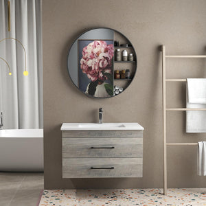 English Elm 32-Inch Grey Wood Grain Wall-Mounted Bathroom Vanity With Soft-Close Drawers & White Sink W3151S00015