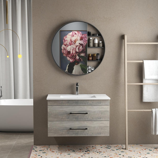 English Elm 32-Inch Grey Wood Grain Wall-Mounted Bathroom Vanity With Soft-Close Drawers & White Sink W3151S00015