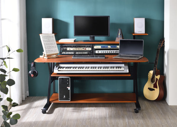 English Elm Willow Cherry & Black Music Desk with Cable Management, Speaker Shelves, 61-Key Keyboard Fit B2726P256348