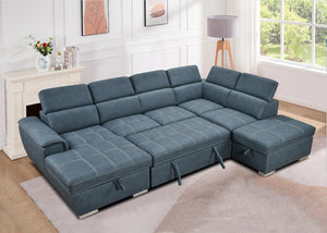 English Elm 128"Sofa U-Shaped Sectional with Pull-Out Bed, Storage Chaises, Adjustable Headrests for Comfort Blue W1417S00086