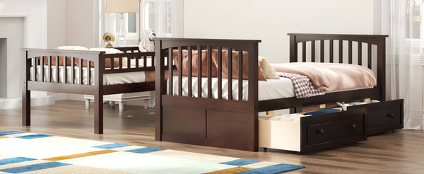 English Elm Twin Over Solid Pine Bunk Bed with Rolling Drawers and Convertible Platform GX000240AAP