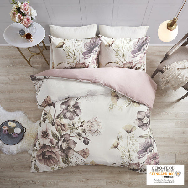 English Elm King/Cal Cassandra 3PC Cotton Printed Duvet Cover Set – Shabby Chic Floral Blush, OEKO‑TEX, Button Closure B03597339