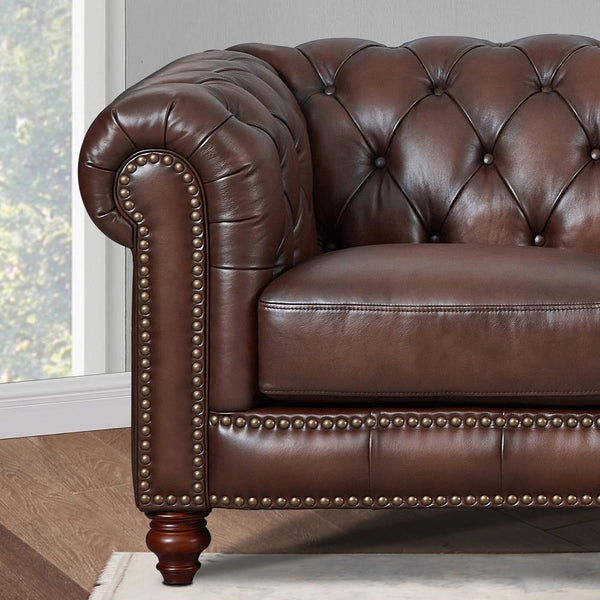 English Elm Alton Chesterfield Top Grain Leather Chair with Button-Tufted Back, Rolled Arms & Solid Wood Bun Feet B2705P211739