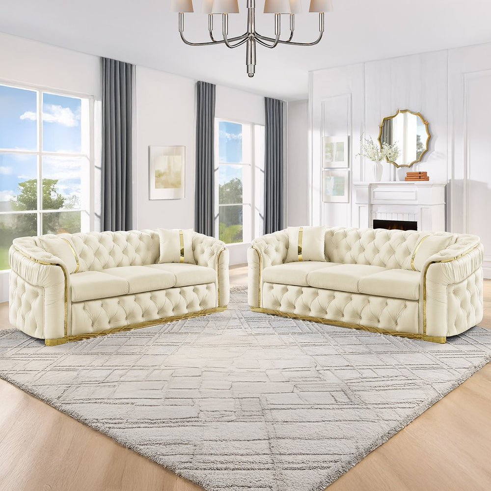 English Elm 2pcs Italian Velvet Chesterfield Sofa Set Tufted Three Seater with Gold Steel Legs Beige W1191S00068