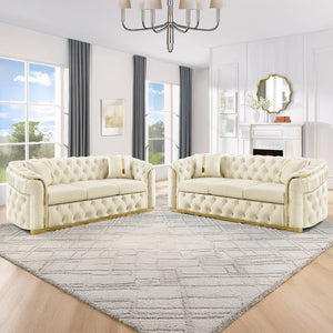 English Elm 2pcs Italian Velvet Chesterfield Sofa Set Tufted Three Seater with Gold Steel Legs Beige W1191S00068