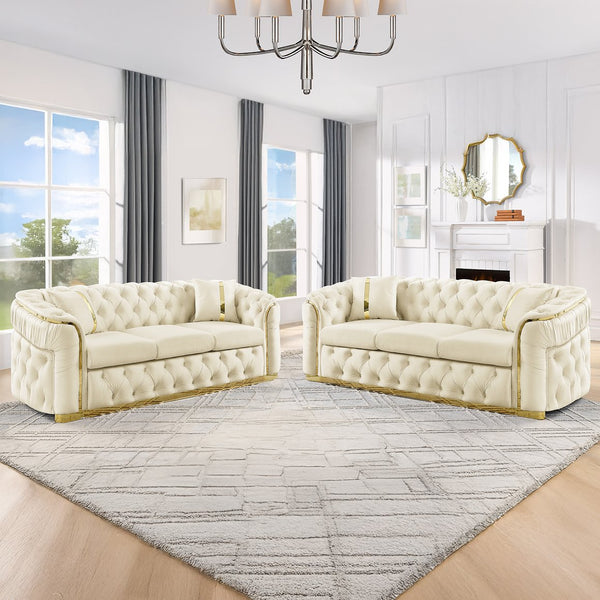 English Elm 2pcs Italian Velvet Chesterfield Sofa Set Tufted Three Seater with Gold Steel Legs Beige W1191S00068
