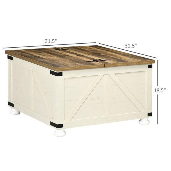 English Elm HOMCOM Farmhouse Coffee Table with Hidden Flip-Top Storage, Square Rustic Accent Table in Antique White W2225P173950