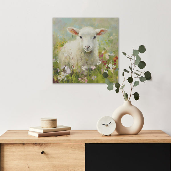 JLA Home Madison Park - Lamb Pastoral Canvas Wall Art — Whimsical Tessa Kane Lamb Illustration, Framed 16"x16" for Cozy Rooms Lamb/Green Multi ID95C-0049