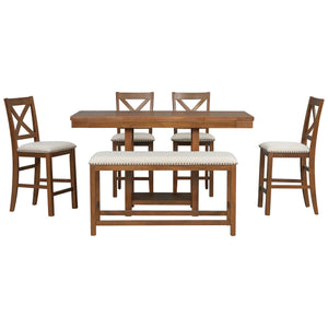 English Elm U_style Rubberwood Farmhouse Bar Table Set Expandable Crossback Chairs Bench Seating Brown WY000534AAD