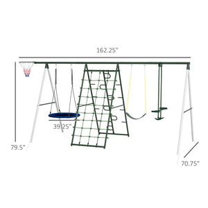 English Elm Outsunny Heavy Duty Steel Backyard Playset with Saucer Swing Slide and Climbing Net W2225P217339