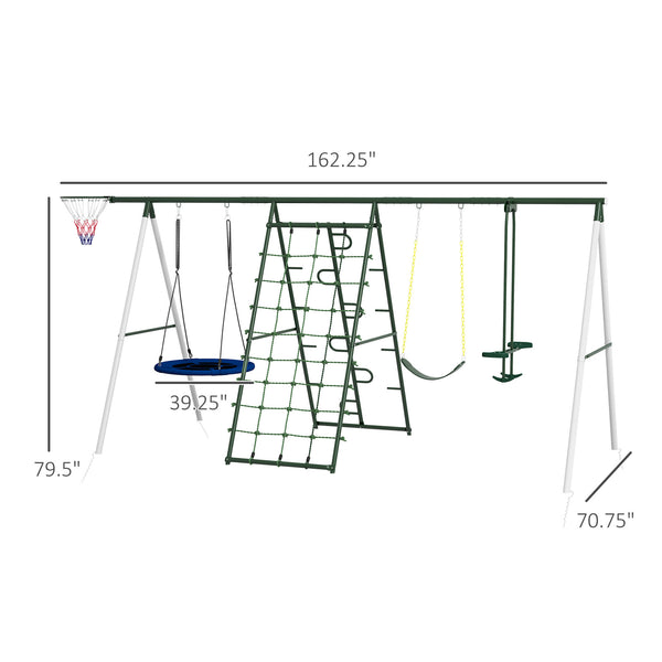 English Elm Outsunny Heavy Duty Steel Backyard Playset with Saucer Swing Slide and Climbing Net W2225P217339