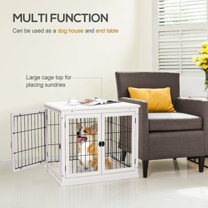 English Elm Pawhut White Dog Crate End Table with Arched Wire Windows and Dual Lockable Doors W2225P229155