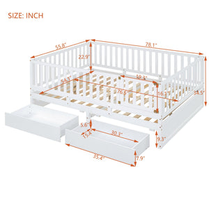 English Elm Full Size Pinewood Kids Daybed with Fence Rails Split Floor Bed and Storage Drawers White LP100882AAK