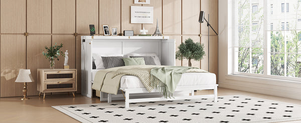 English Elm Murphy Cabinet Queen Bed Solid Pine Frame with Built-in Charging Station for Guest Rooms White W504S00164