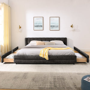 English Elm King Chenille Upholstered Platform Bed with Storage Drawers and Structured Headboard Dark Gray W487S00415