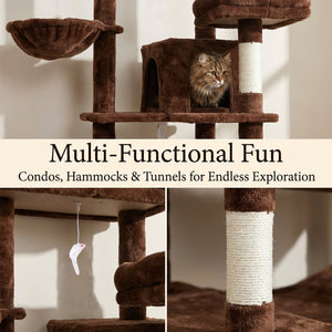 English Elm 68in Plush Brown Six Level Cat Tower with Sisal Posts Cave Hammock Indoor W243P450856