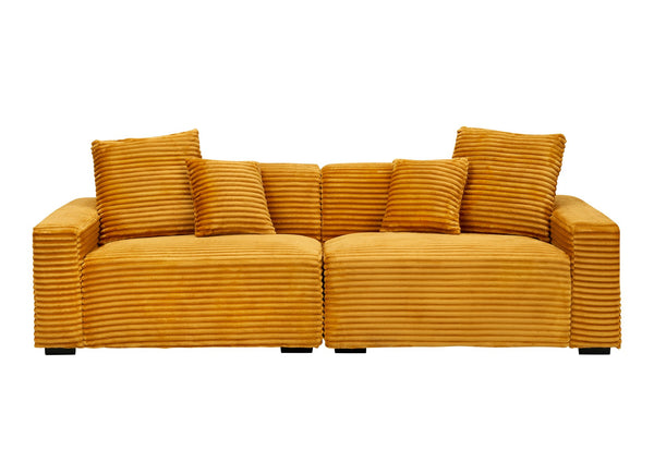 English Elm 104.72-inch 4-seat sofa with four washable throw pillows, corduroy comfort fabric, solid wood frame, 500lb capacity and modern living room style Orange W1658S00145