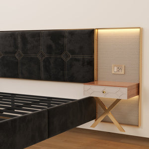 English Elm Luxurious King Velvet Platform Bed with Tufted Headboard Integrated Nightstands Led Lamps W1793S00038