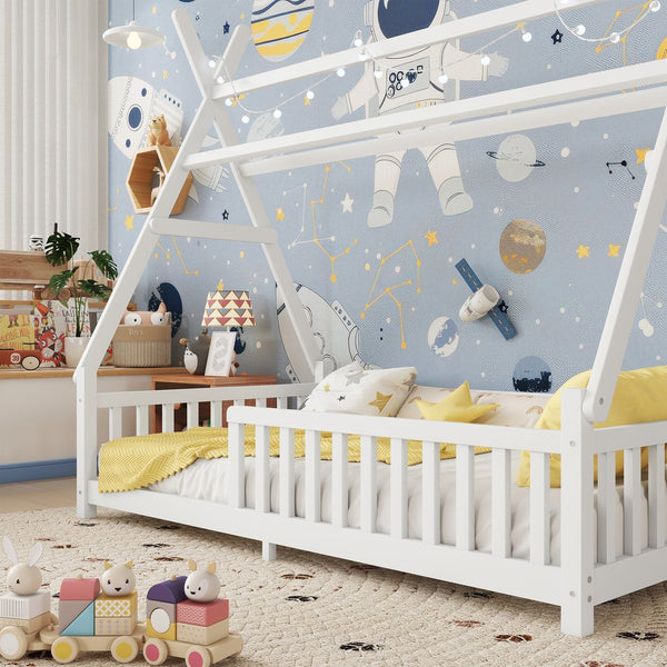English Elm Twin House Bed with Roof and Guardrails, Low Floor Kids Playhouse Bed with Tent and Lights, Cozy Design White 80.91 L x 15.55 W x 6.5 H W2593P296909