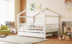 English Elm Full Size Pine House Bed with Roofline Frame and Roll Out Twin Trundle for Kids LP100306AAK