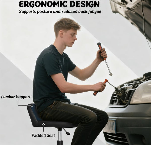English Elm Adjustable Rolling Garage Stool with Lumbar Support Dual Storage Trays and Swivel Casters T3971P412514