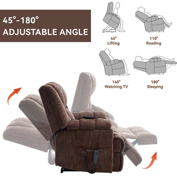 English Elm Dual Motor Power Lift Recliner Chenille Chair with Massage Heat and Infinite Positions Brown W3224P288490