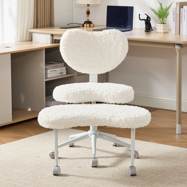 English Elm Artificial Rabbit Hair Cross Legged Desk Chair with Lumbar Support and Swivel Footrest Beige W1143P403571