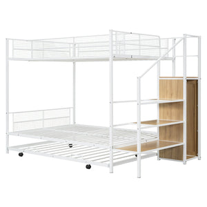 English Elm Twin Metal Bunk Bed with Trundle, Lateral Storage Ladder & Wardrobe | Space-Saving Durable Design White SF000173AAK