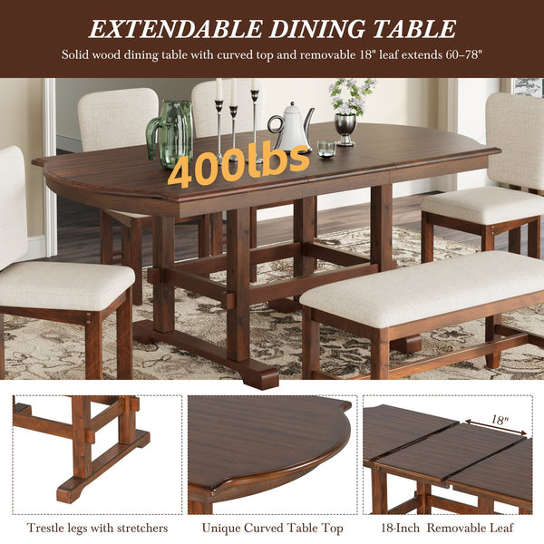 English Elm Topmax Extendable Rubberwood Dining Set Trestle Table Bench Four Upholstered Chairs N717S000090P