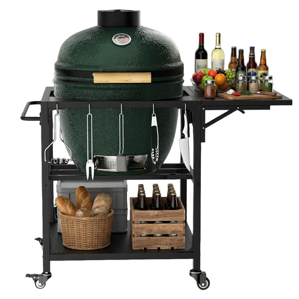 English Elm Outdoor Kamado Grill Cart with Folding Prep Surface Hooks Wheels and Storage Shelf W3190P416753