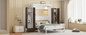 English Elm Full Size Murphy Wall Bed with Wardrobes Desk Drawers and Led Light in White LP000924AAK