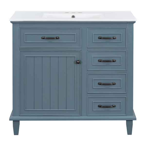 English Elm 36 Inch Bathroom Vanity With Ceramic Sink, Adjustable Shelf, Stylish Storage, Modern Blue Finish N725P336554C