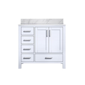 English Elm White Bath Vanity 36" W X 22" D With Right Offset Sink, Elegant Carrara Marble Top & Storage Solutions B2731P258809-GIGA