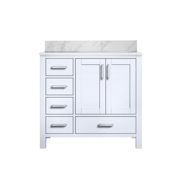 English Elm White Bath Vanity 36" W X 22" D With Right Offset Sink, Elegant Carrara Marble Top & Storage Solutions B2731P258809-GIGA