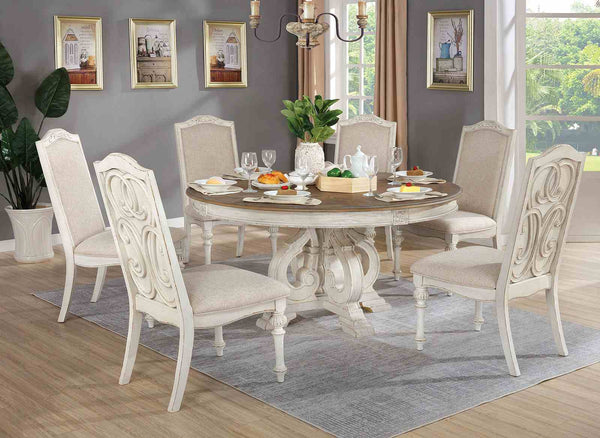 English Elm Elegant Round Pedestal Dining Set Carved Wood Table with Four Upholstered Side Chairs Antique White,Ivory B2741S00889