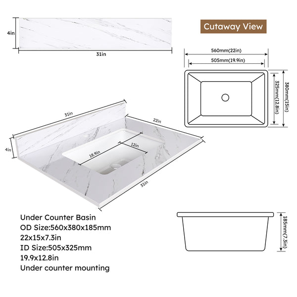 English Elm 31 Inch Marble Vanity Top - Premium Bianco Carrara Venato With Undermount Sink & 4" Backsplash W2700P194072