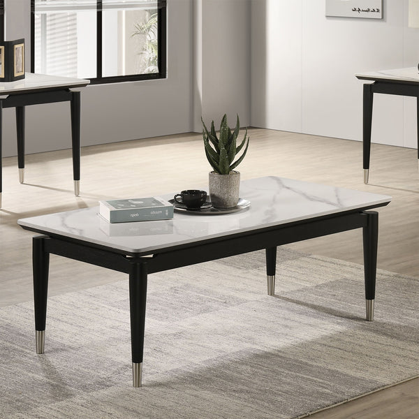 English Elm Contemporary 3-Piece Table Set With Sintered Stone Top, Silver-Capped Legs, Black & White Finish B2741S00687