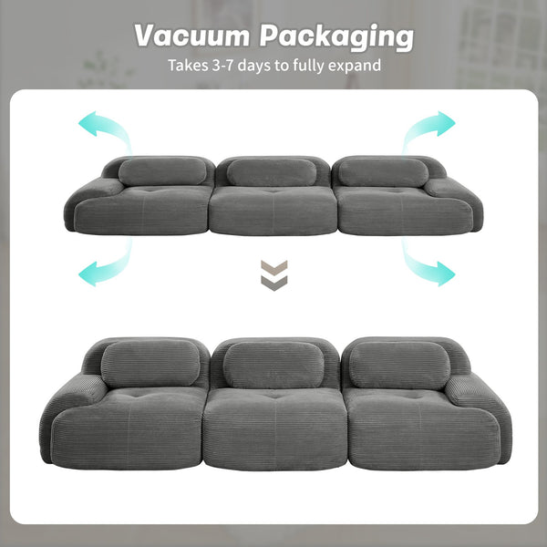 English Elm 3-seat Modular Corduroy Sectional Sofa Ergonomic Curved Design for Living Rooms Grey W714S01266