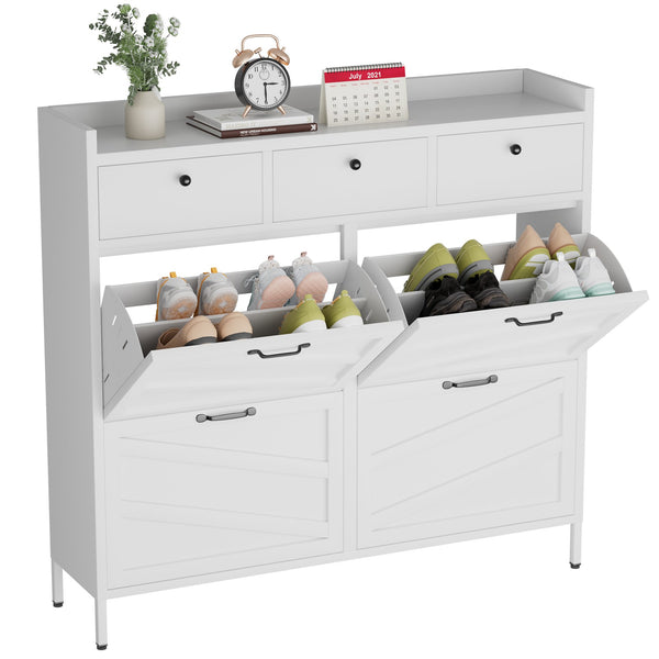 English Elm Metal Powder Coated Steel Shoe Cabinet Slim Entryway Organizer with Seven Drawers White T2398P413026