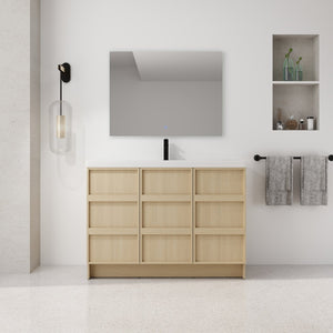 English Elm 48" Floating Bathroom Vanity Dual Ceramic Vessel Sinks Oak Finish Soft Close Doors W999S00511