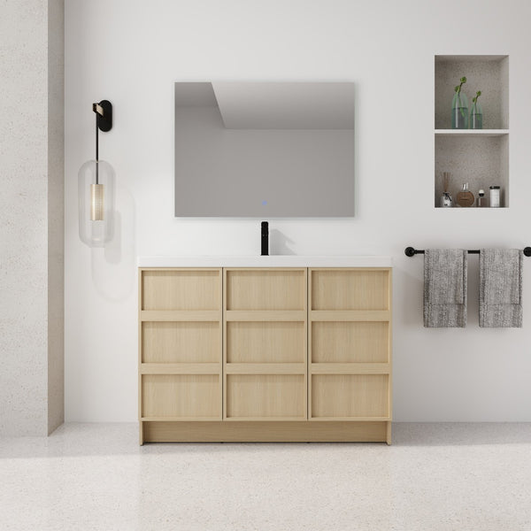 English Elm 48" Floating Bathroom Vanity Dual Ceramic Vessel Sinks Oak Finish Soft Close Doors W999S00511