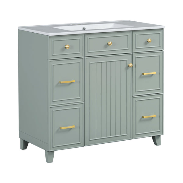 English Elm 36" 36-inch Transitional Bathroom Vanity with Ceramic Basin, Solid Wood Frame, Soft-Close Storage Elegance Green N729P255663G