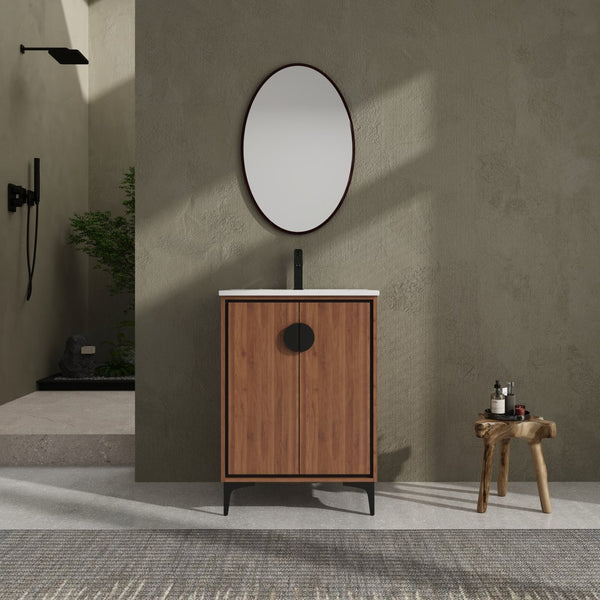 English Elm 24'' Modern Brown Bathroom Vanity with Drop-In Ceramic Sink, Engineered Wood, Soft-Close Doors, Ample Storage W1972S00001