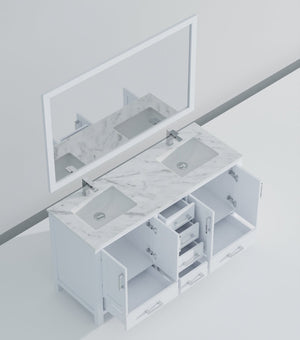 English Elm White Double Bath Vanity Set With Carrara Marble Top, Faucet, And 58-Inch Mirror For Stylish Storage B2731S00990-GIGA