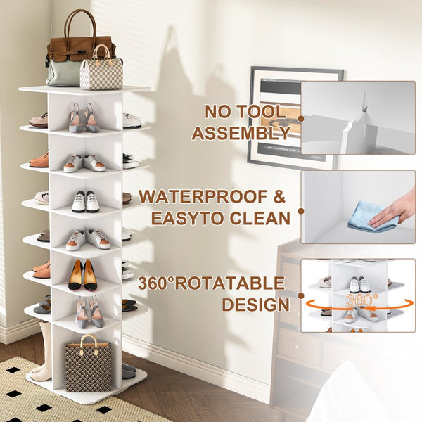 English Elm Rotating Shoe Rack Tower - 7-Tier 360° Spinning Organizer For 28 Pairs, Space-Saving Design In White W2699P270167-GIGA