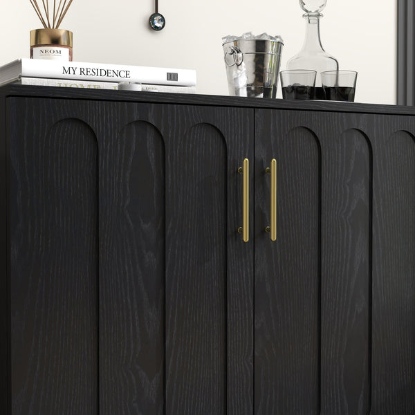 English Elm Mid Century Modern Fluted Sideboard Cabinet with Adjustable Shelves, Solid Wood Legs, Walnut Finish Elegant Storage for Living Room, Entryway W1801P272511